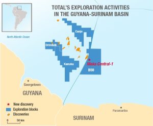 Figura 1. Total y Apache han realizado un descubrimiento de petróleo en el pozo Maka Central-1 en el Bloque 58 en las costas de Surinam