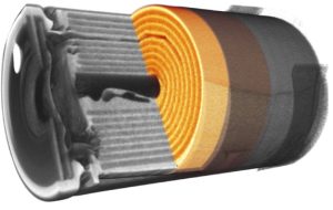 Figura 1. Imagen en 3D que muestra una sección transversal del interior de una batería de litio