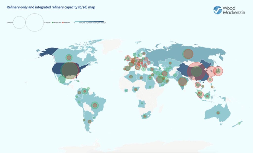 Figura 1. Mapa de la capacidad de las refinerías, tanto de las integradas como de las que no lo son (b/sd)