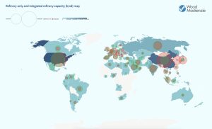 Figura 1. Mapa de la capacidad de las refinerías, tanto de las integradas como de las que no lo son (b/sd)