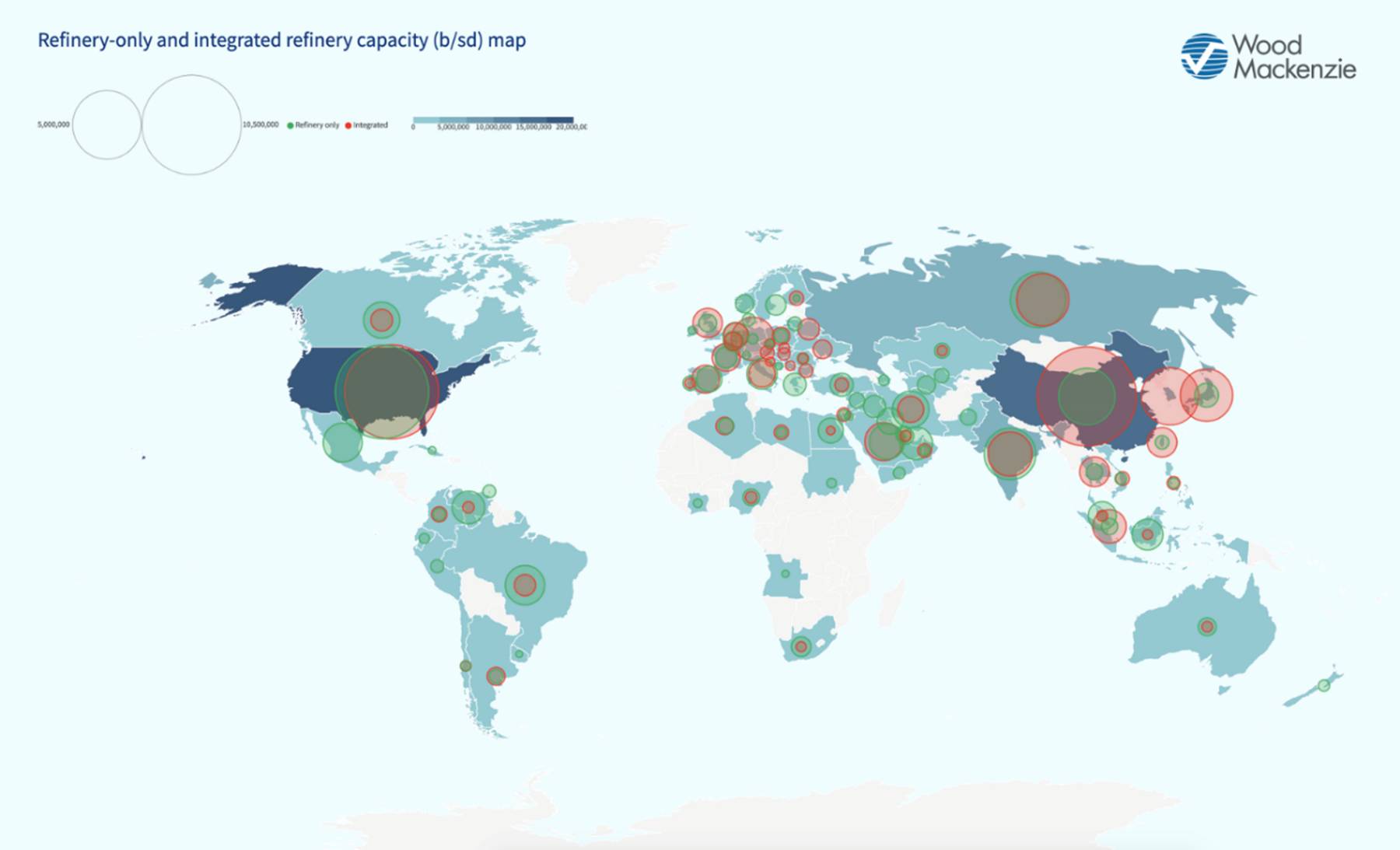 Figura 1. Mapa de la capacidad de las refinerías, tanto de las integradas como de las que no lo son (b/sd)