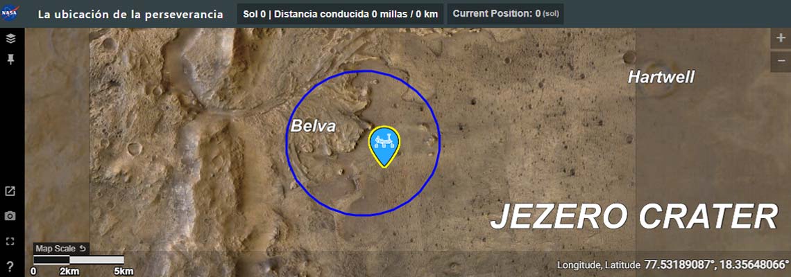 Mapa que muestra la ubicación del Perseverance en el cráter Jezero, Marte.