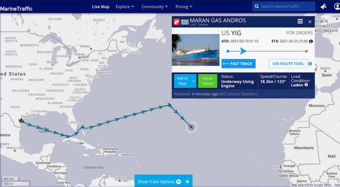 El Maran Gas Andros se desvió hacia el sur de África y así evitar el canal