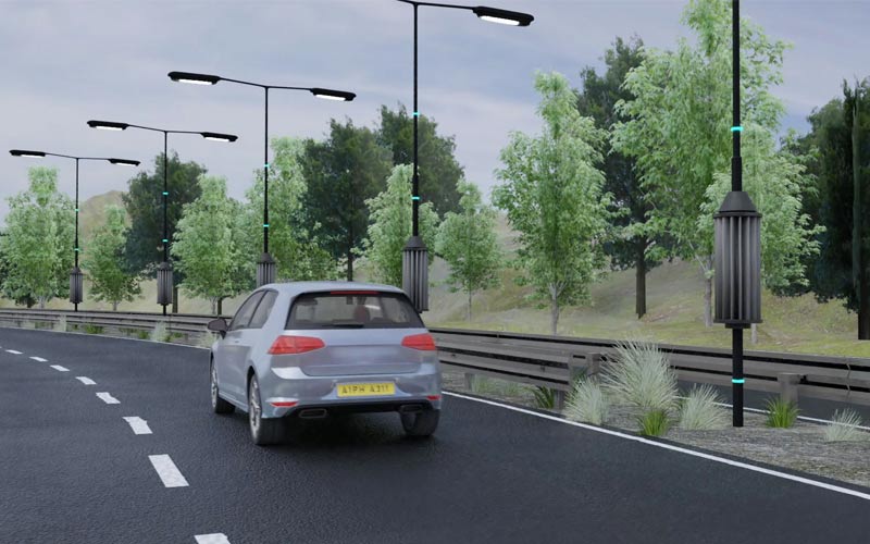 Representación de la instalación de unas turbinas en las luminarias de la autopista.