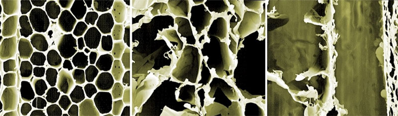 Imágenes de microscopio electrónico de barrido de la madera sobre la que se ha realizado el tratamiento (izquierda) y después de que se haya disuelto la lignina (centro y derecha)