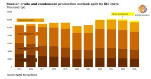 Figura 1. Perspectivas de la producción de crudo y condensado de Rusia por ciclo de vida &nbsp;
