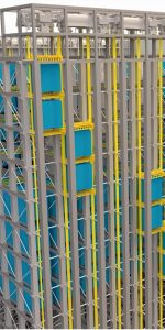 Interior de un EVC que muestra filas de montacargas y ladrillos individuales, cada uno capaz de almacenar.