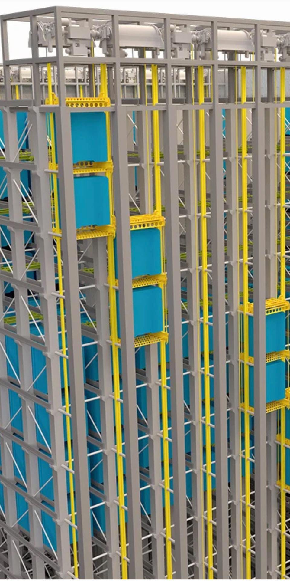 Interior de un EVC que muestra filas de montacargas y ladrillos individuales, cada uno capaz de almacenar.